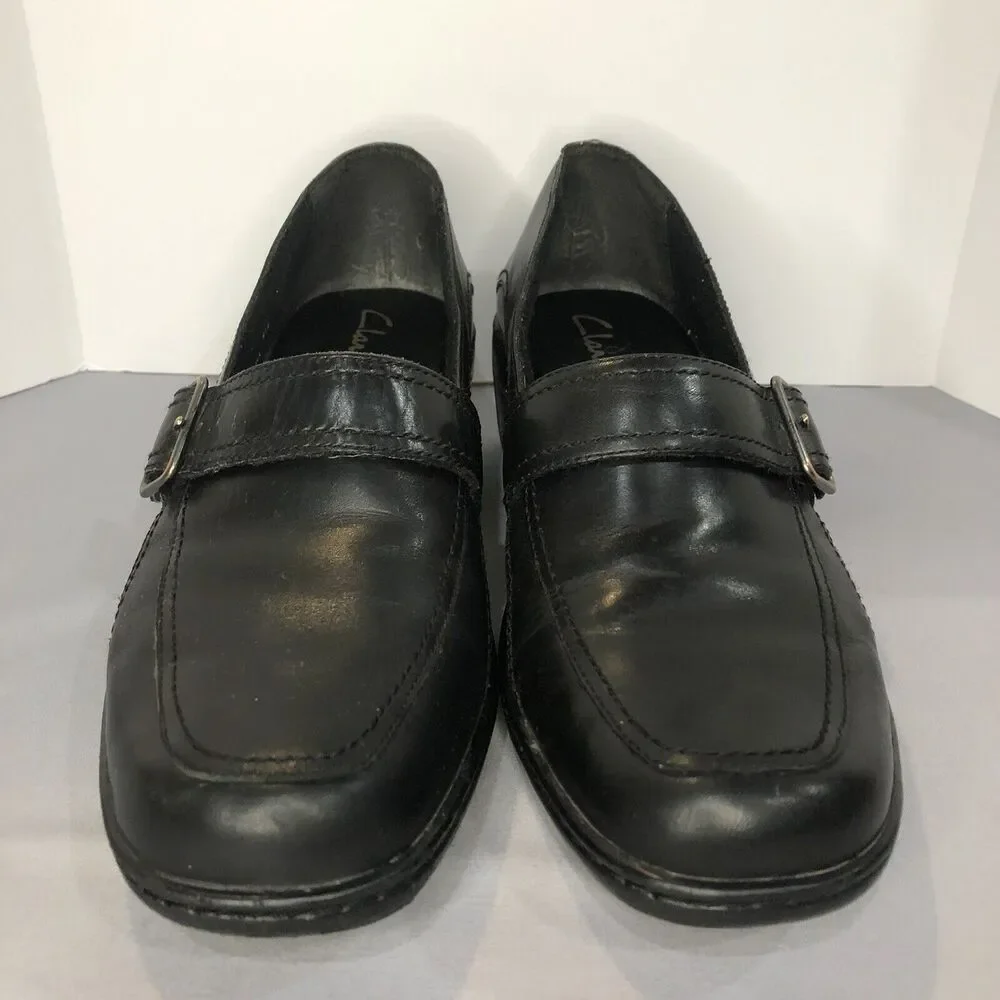 Women’s Clarks Slide On Black‎ Leather Buckle Wedge Comfort Shoes Size 8.5